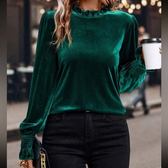 Cozy Classic Smocked Cuff Long Sleeve Velvet Blouse Shirt - Picture 5 of 5